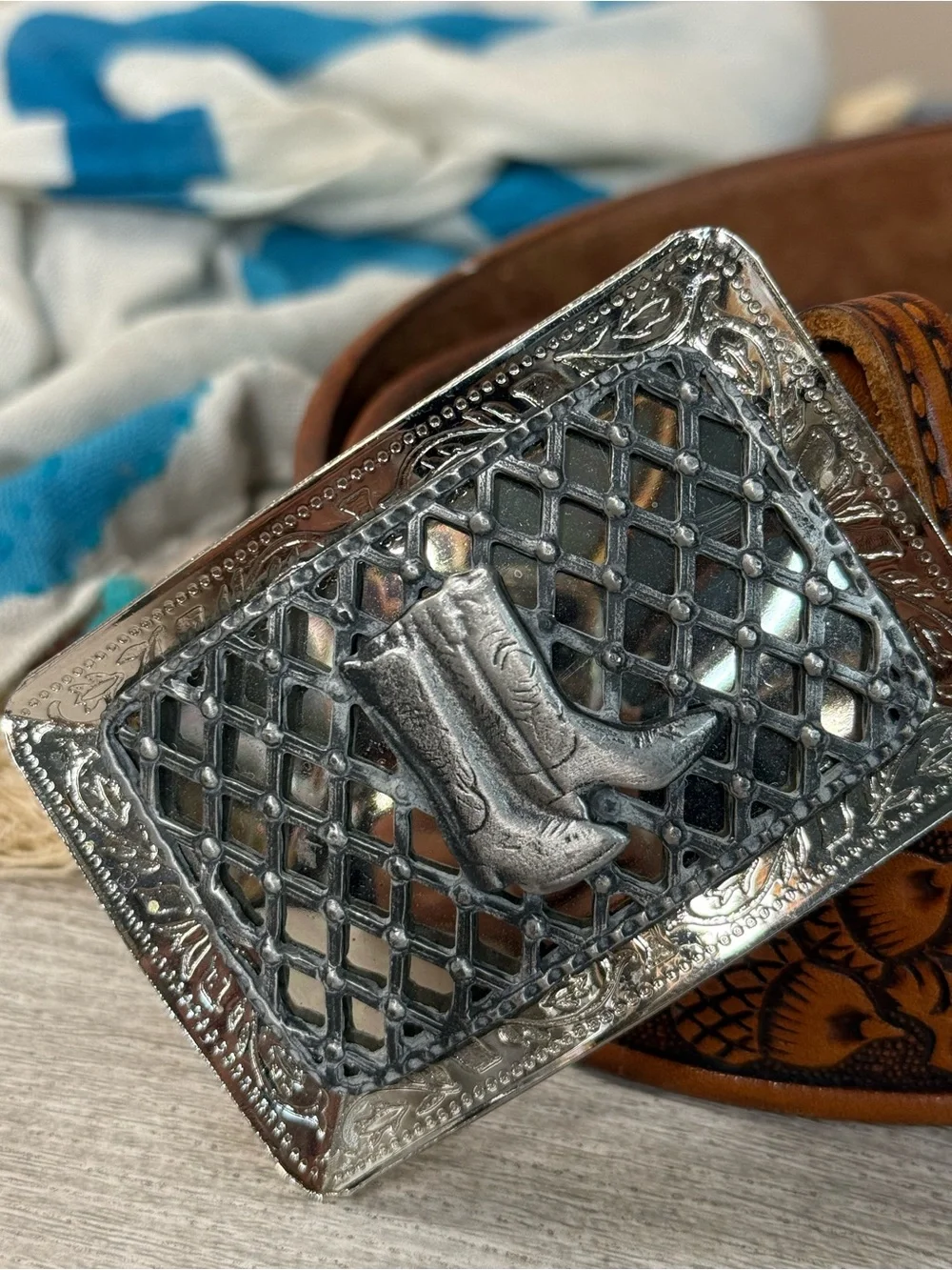 Sand & Sage Vintage Brown Leather Western Belt with Silver Cowboy Boot Buckle